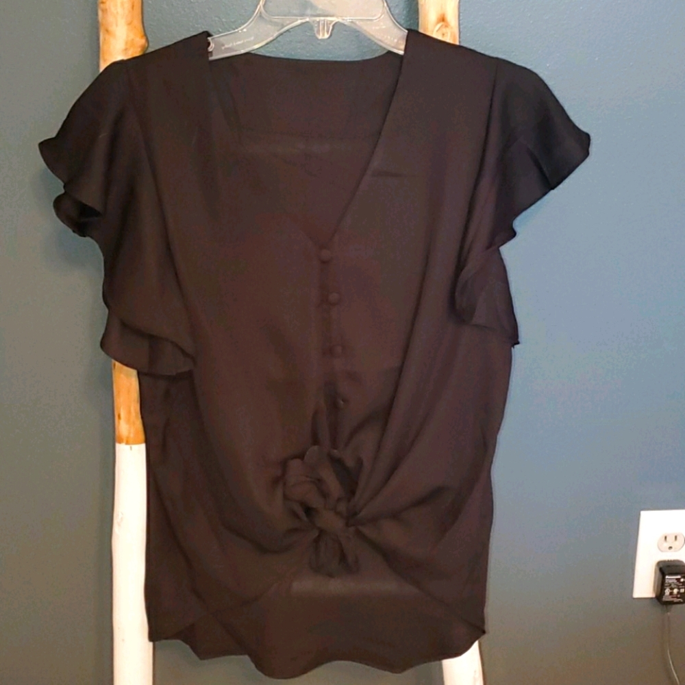 Flutter Sleeve Tie Front Top, Black. Button Up Front. Small